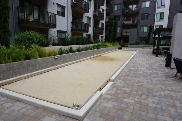 Bocce Ball court, pavers & CMU block planter walls