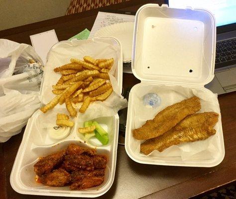 Hot lemon pepper wings with fries, and whiting.