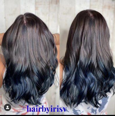 Ombré blue ends with some baby lights of blue.