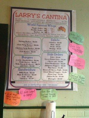 Menu on the wall in pool table room