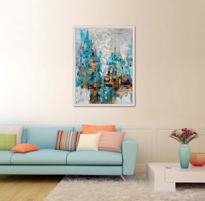 Abstract Teal & Gray Painting Print Framed 24 x 36 inches