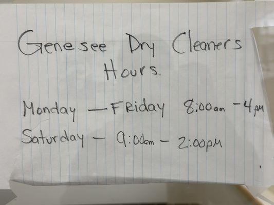 Dry cleaning schedule (Genesee Dry Cleaners via Caz Laundry)