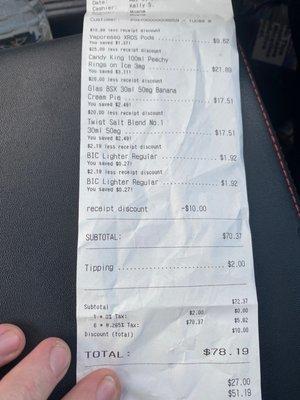 Showing the receipt and how the discount was not applied!!! Please avoid KELLY S. At all costs