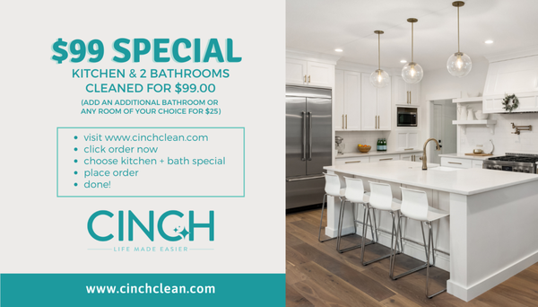 Check out our new kitchen and bath special!!  Get your kitchen and two bathrooms professionally cleaned for only $99.00!