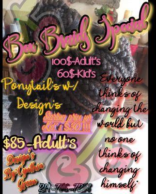 Book appointment Now 214-756-7258!! 
Box braids, Locs,Crochett
Micro,Ponytail's,Lace installation w/braid 
Wash n Dry!Treatmts scalp/edges