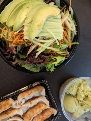 Avocado salad, pork gyoza, and green tea ice cream