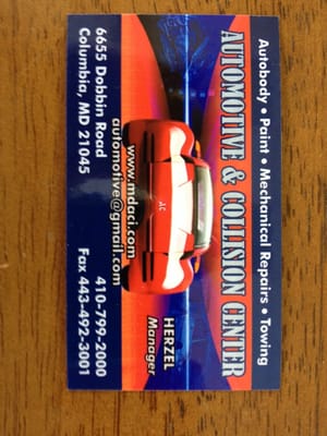 Automotive Collision Inc. business card.