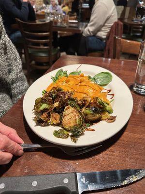 The Lobster Ravioli of the Day.  It was delicious, and served with roasted Brussel Sprouts.