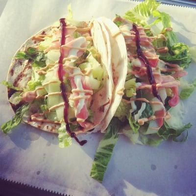 Asian Sensation - Fish tacos with wild Alaskan Flounder, pickled ginger, cucumber slaw, Romaine, sriracha mayo, wasabi mayo