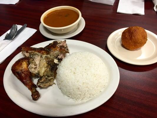 Rice and Beans, Chicken, and Papas Rellenas.