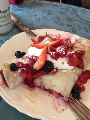 Desert Crepe, made from scratch, with goat-cheese, yogurt, seasonal organic berries, and homemade whipped vanilla cream!