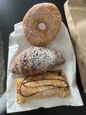 Sugar donut, hazelnut Chocolate Croissant, Bavarian chocolate pastry