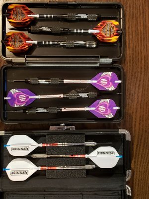 The new Shark 26oz darts on the bottom and the existing darts with new accessories on the top 2 sets.