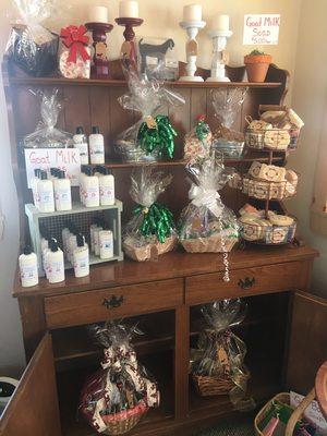 Goat milk lotions and soap/lotion gift baskets.