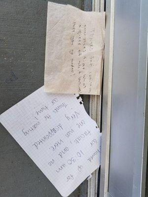 Notes left on the door from other customers scammed. (I apologize for the language.)