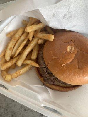 Single patty hamburger and fries