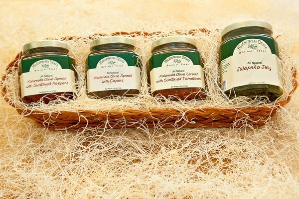 Gift Basket - perfectly wrapped and contains larger portions of Kalamata Olive Spreads and Green Jalapeno Jelly