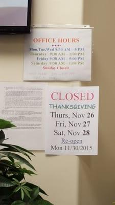 Thanksgiving hours 2015