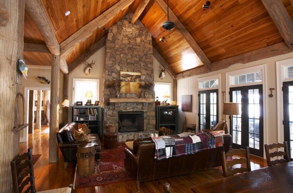 Lake front cottage great room fireplace