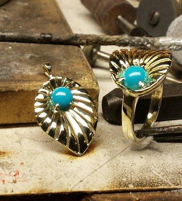 14k Green gold & genuine turquoise. Retro Revival leaf design ring & pendant. Sold separately.