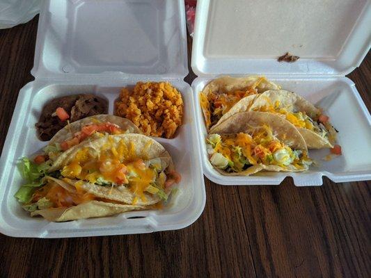 A pork taco plate on the left, 3 shredded beef tacos on the right.