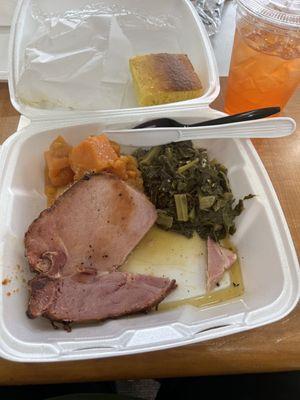 Smoked pork chop, sweet potatoes, collard greens, cornbread, orchard punch.