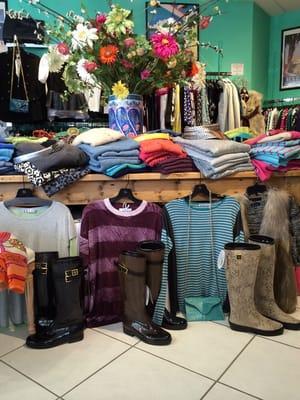 Cashmere sweaters in Fab colors and our amazing Puddlejumpers!! Rain Sleet n Snow, we're ready.