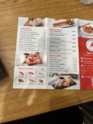 Sushi menu