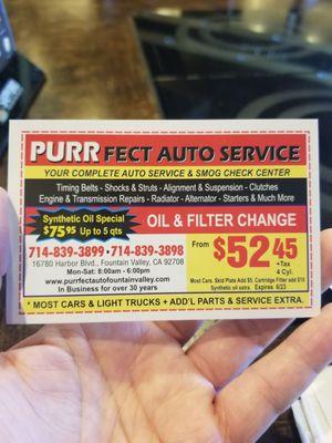 Oil & Filter change coupon. I paid $102 here for synthetic oil change and filter change.