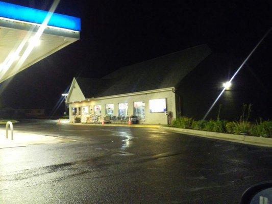 Night view of the Mobil Gas Station aka Pine Knob Wine Shop