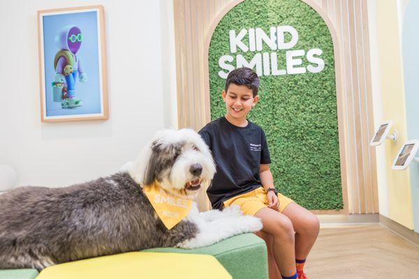 Our chief anxiety officer Mochi!  He's a therapy dog that can help anxious and nervous kids get through their appointment!