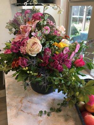 A birthday floral arrangement.