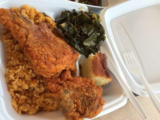 Fried pork chop with collard greens, rice and peas, and corn bread