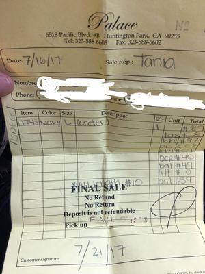 Our sales receipt