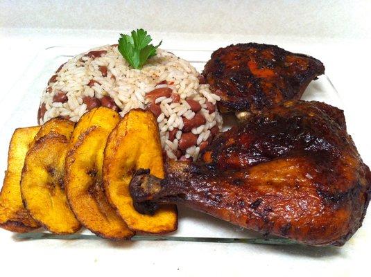 Jamaican Jerk Chicken with Rice and Peas and Fried Sweet Plantains.