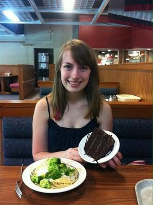 Fettuccini Alfredo with broccoli and chocolate cake! All under $5 :)