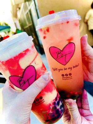 Rengoku special themed drink with Tanjiro boba, strawberry lemonade with Tanjiro boba