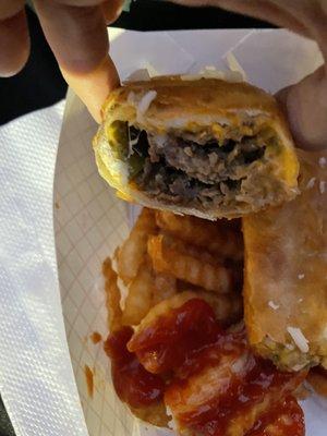 Deep fried cheesesteak wrap and fries