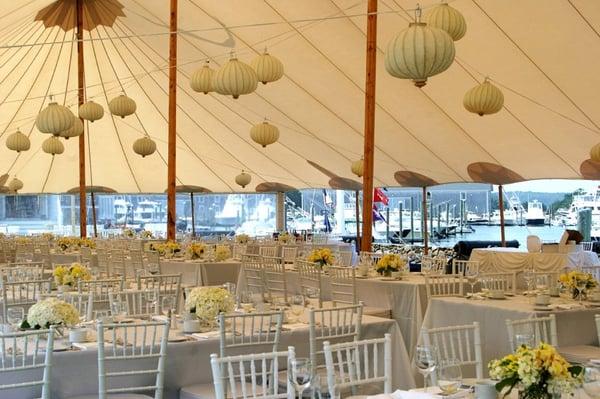 seaside wedding with hanging lanterns