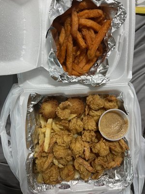 30 piece fried shrimp with fries and sweet potato fries.