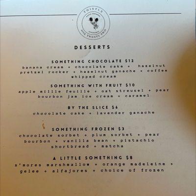 Dessert menu