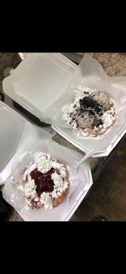 Strawberry funnel cake & cookies and cream funnel cake