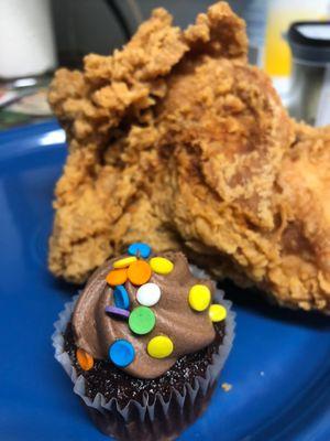 Fried chicken and a cupcake. Deli food.  Chicken was great. Cupcake was chocolate. Nuff said.