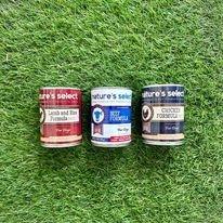 3 Tasty canned food options - Natures Select Lamb and Rice, Natures Select Beef, and Natures Select Chicken Pate'