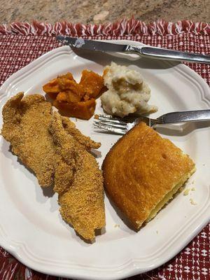 Catfish, cornbread, yams, mashed potatoes and gravy-delicious