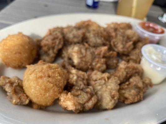 Fried Oysters with Hush Puppies and Ketchup/Mayo Sauces