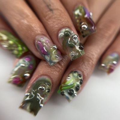 Russian Manicure + Freestyle Abstract Nail Art + 3D Art + Secured Charms