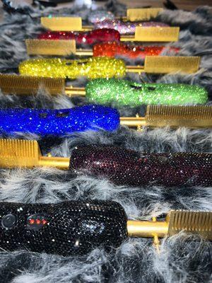 Luxury bedazzled hot combs which heat up to 400 degrees.