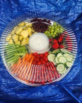 Fruit and veggie tray with ranch dressing and mango cream cheese fruit dip