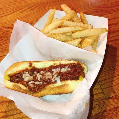 Chili dog and fries with delicious homemade chili